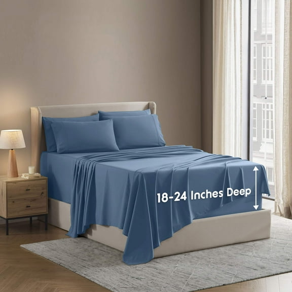 LammaLoe Extra Deep Pocket Queen Sheets set, Fits 18"-24" Mattress, 6 Piece Soft Microfiber Bed Sheet Sets, Blue Heaven
