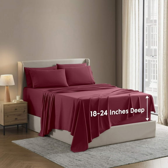 LammaLoe Extra Deep Pocket Queen Sheets set, Fits 18"-24" Mattress, 6 Piece Soft Microfiber Bed Sheet Sets, Burgundy