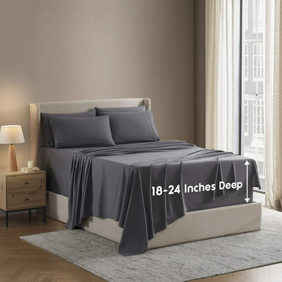 LammaLoe Extra Deep Pocket Queen Sheets set, Fits 18"-24" Mattress, 6 Piece Soft Microfiber Bed Sheet Sets, Dark Gray