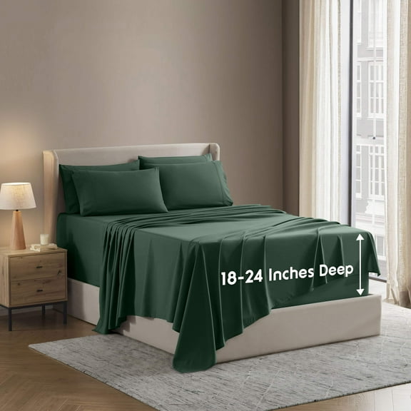 LammaLoe Extra Deep Pocket Queen Sheets set, Fits 18"-24" Mattress, 6 Piece Soft Microfiber Bed Sheet Sets, Dark Green