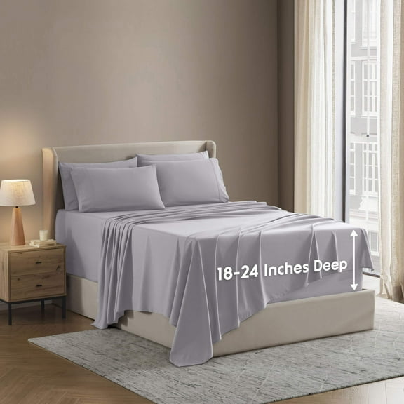 LammaLoe Extra Deep Pocket Queen Sheets set, Fits 18"-24" Mattress, 6 Piece Soft Microfiber Bed Sheet Sets, Gray Lavneder