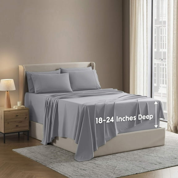 LammaLoe Extra Deep Pocket Queen Sheets set, Fits 18"-24" Mattress, 6 Piece Soft Microfiber Bed Sheet Sets, Gray