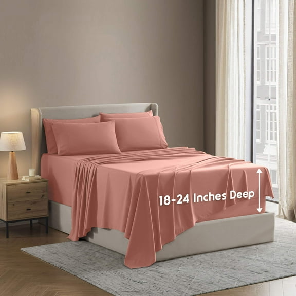 LammaLoe Extra Deep Pocket Queen Sheets set, Fits 18"-24" Mattress, 6 Piece Soft Microfiber Bed Sheet Sets, Misty Rose