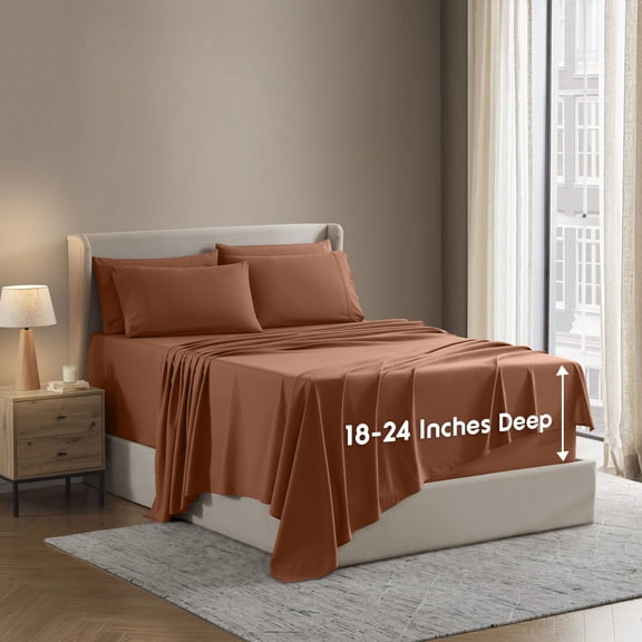 LammaLoe Extra Deep Pocket Queen Sheets set, Fits 18"-24" Mattress, 6 Piece Soft Microfiber Bed Sheet Sets, Rust Orange Brown