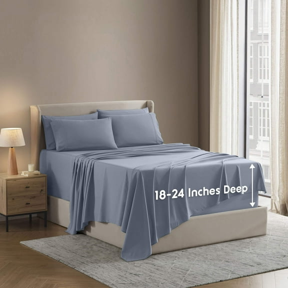 LammaLoe Extra Deep Pocket Queen Sheets set, Fits 18"-24" Mattress, 6 Piece Soft Microfiber Bed Sheet Sets, Stone Blue