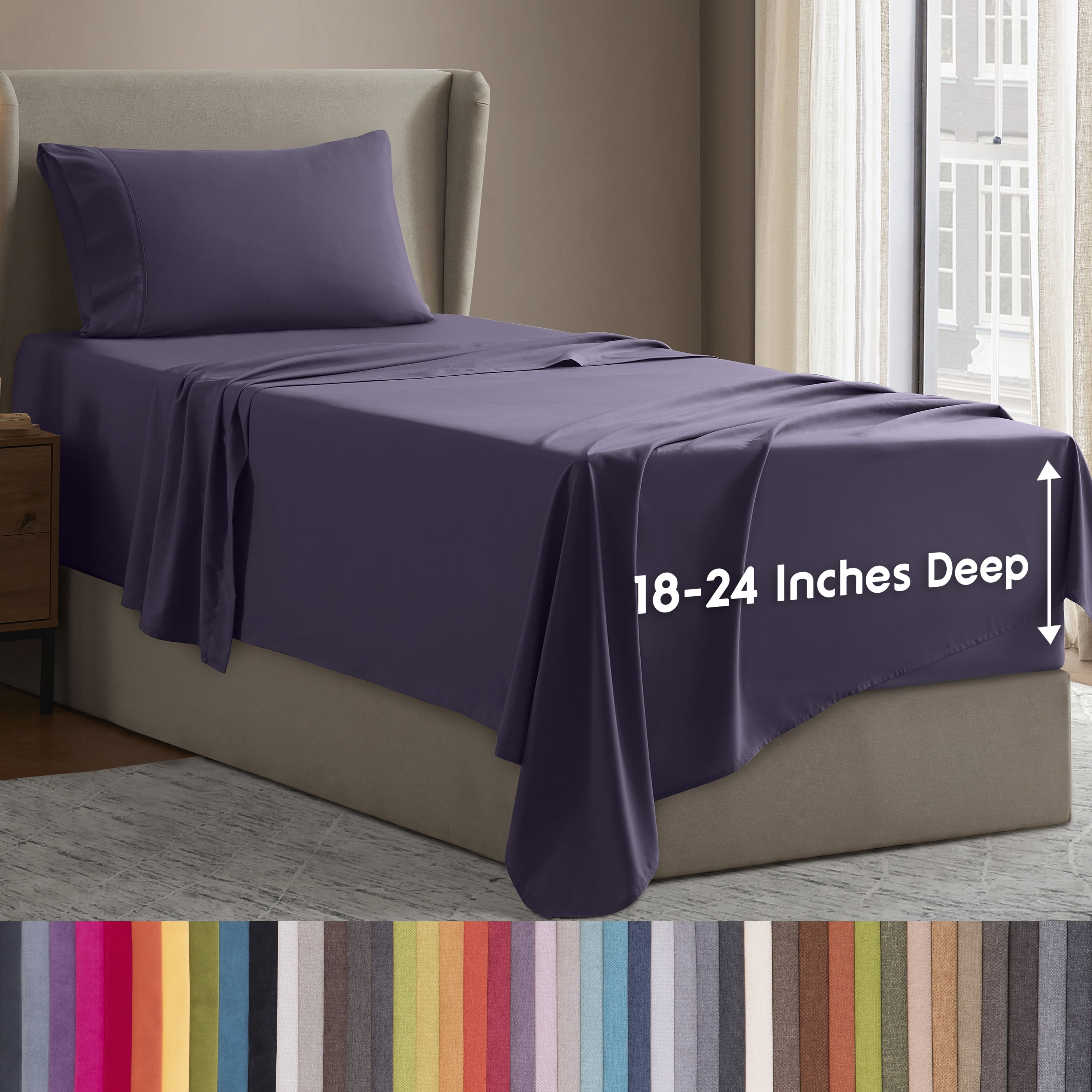 LammaLoe Extra Deep Pocket Sheets Twin Set, 3 Piece, Fits 18"-24" Mattress, Breathable & Extra Soft Bed Sheets, Purple Eggplant