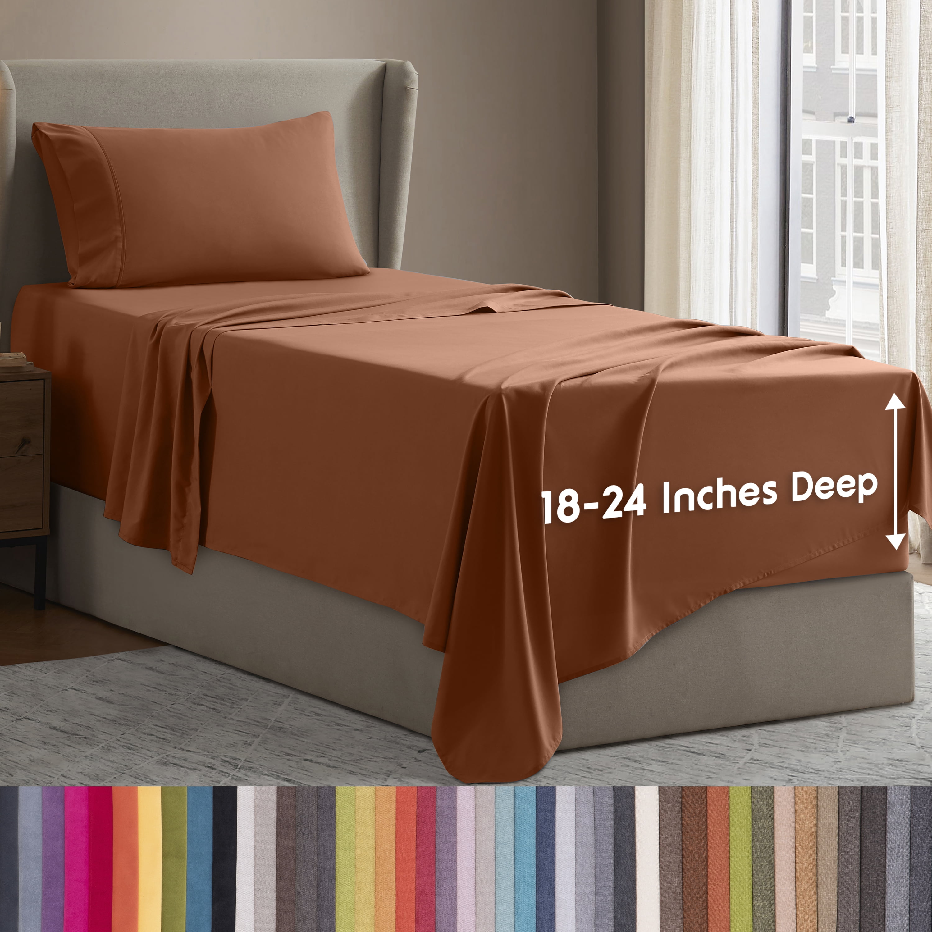 LammaLoe Extra Deep Pocket Sheets Twin Set, 3 Piece, Fits 18"-24" Mattress, Breathable & Extra Soft Bed Sheets, Rust Sienna/Orange Brown