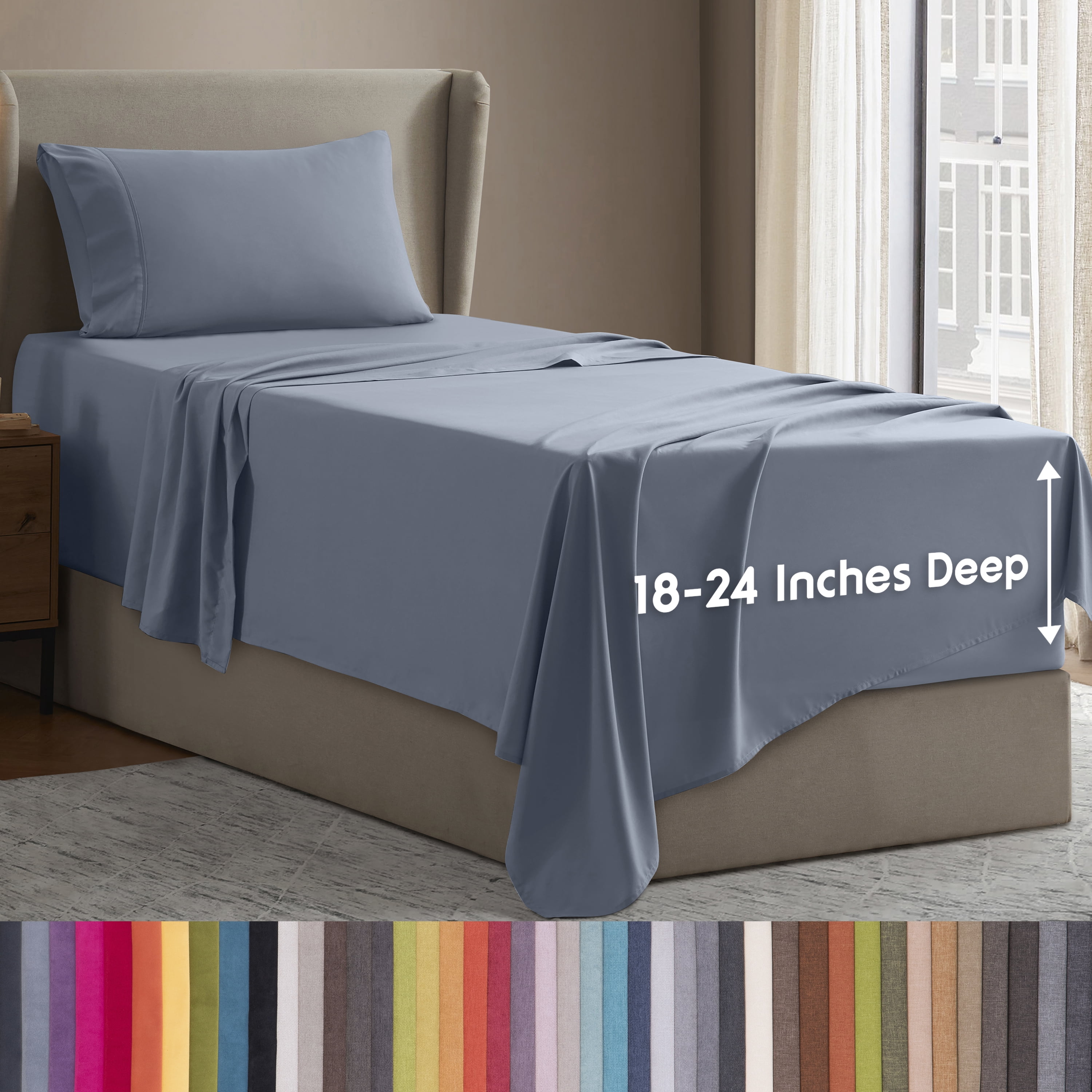 LammaLoe Extra Deep Pocket Sheets Twin Set, 3 Piece, Fits 18"-24" Mattress, Breathable & Extra Soft Bed Sheets, Stone Blue