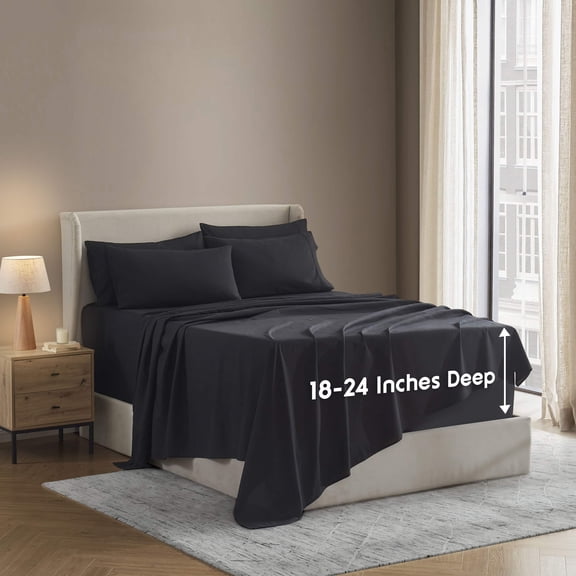 LammaLoe Extra Deep Pocket Split King Sheets set, Fits 18"-24" Mattress, 7 Piece Soft Microfiber Bed Sheet Sets, Black