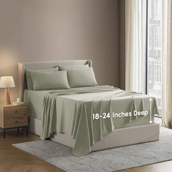 LammaLoe Extra Deep Pocket Split King Sheets set, Fits 18"-24" Mattress, 7 Piece Soft Microfiber Bed Sheet Sets, Light Sage Green