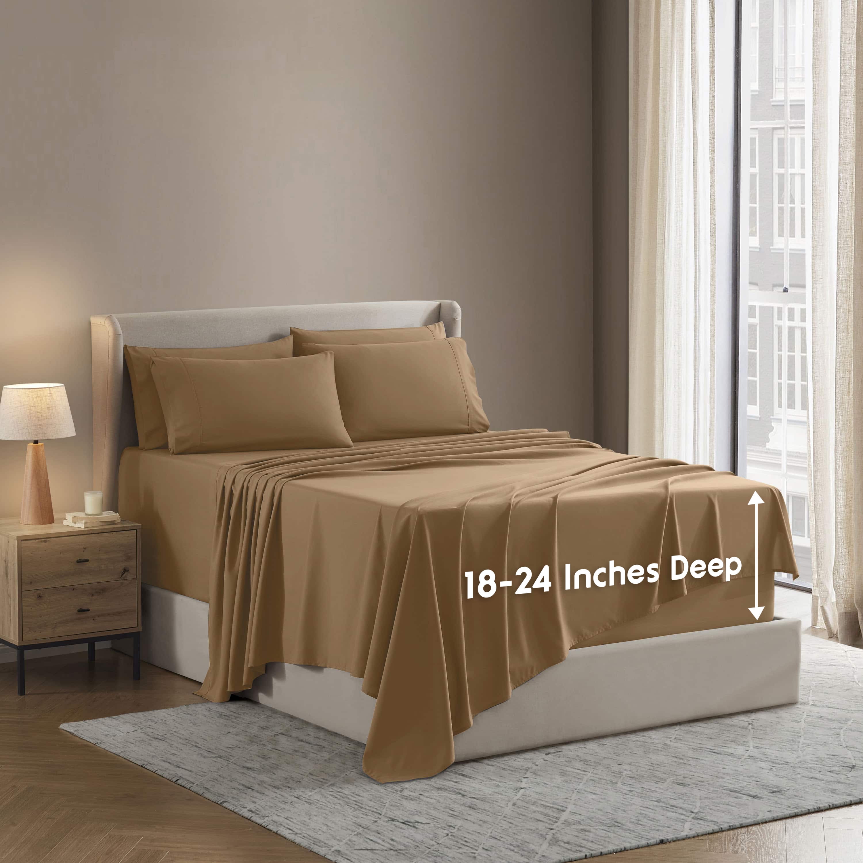 LammaLoe Extra Deep Pocket Split King Sheets set, Fits 18"-24" Mattress, 7 Piece Soft Microfiber Bed Sheet Sets, Mocha Light Brown