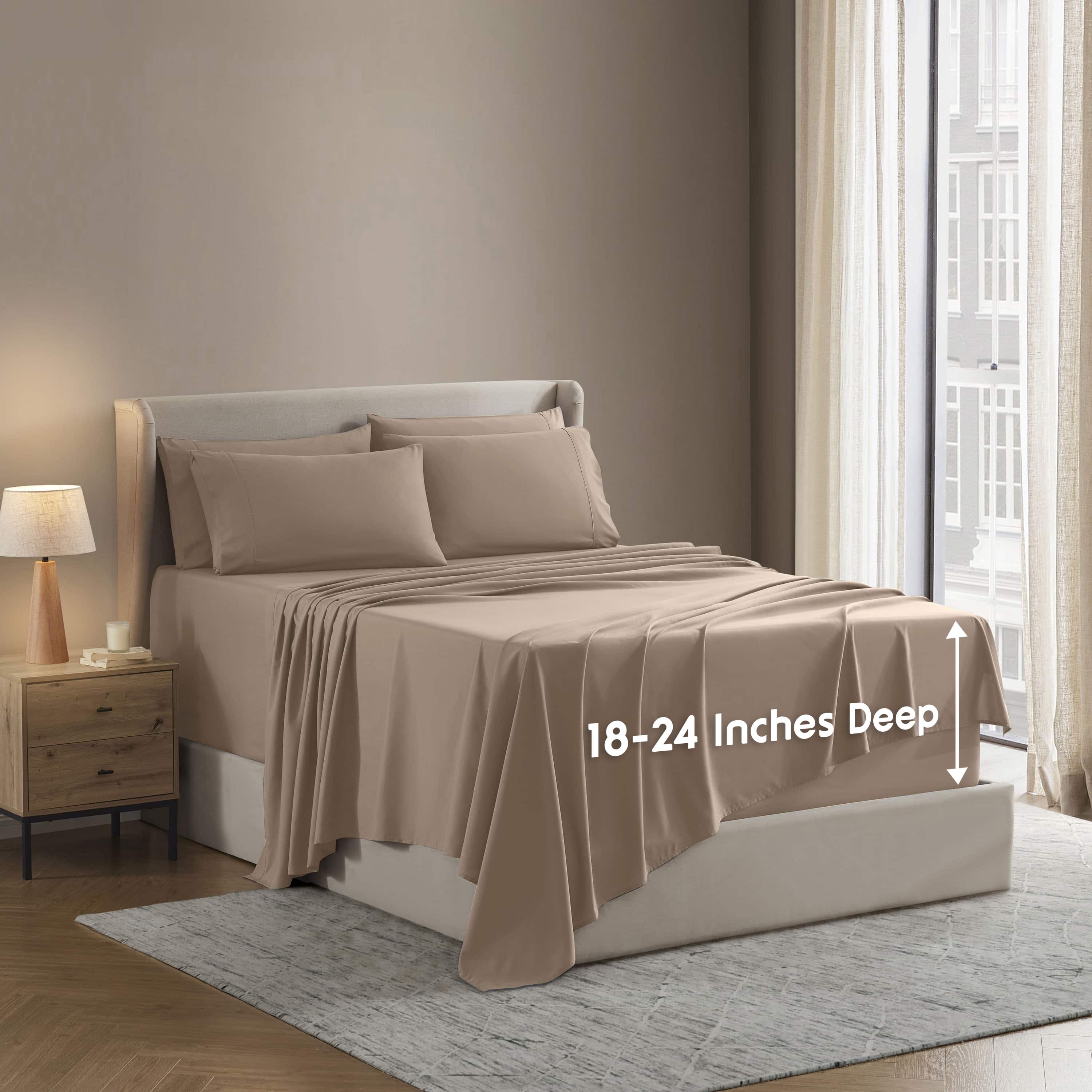 LammaLoe Extra Deep Pocket Split King Sheets set, Fits 18"-24" Mattress, 7 Piece Soft Microfiber Bed Sheet Sets, Taupe