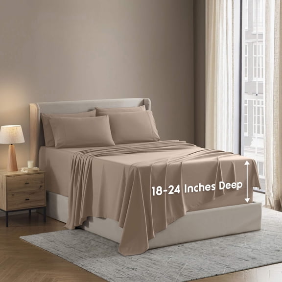 LammaLoe Extra Deep Pocket Split King Sheets set, Fits 18"-24" Mattress, 7 Piece Soft Microfiber Bed Sheet Sets, Taupe