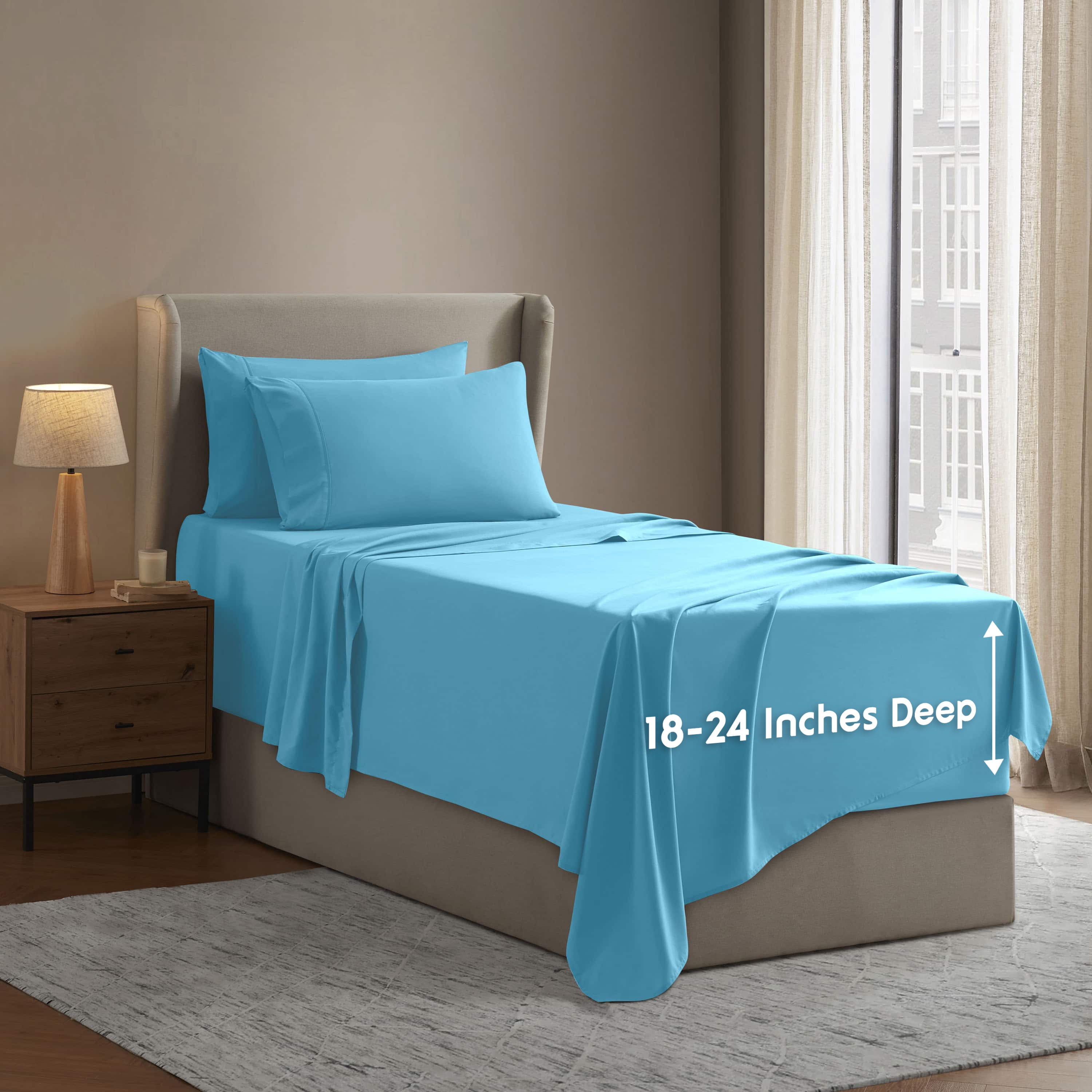 LammaLoe Extra Deep Pocket Twin Sheets set, Fits 18"-24" Mattress, 4 Piece Soft Microfiber Bed Sheet Sets, Beach Blue