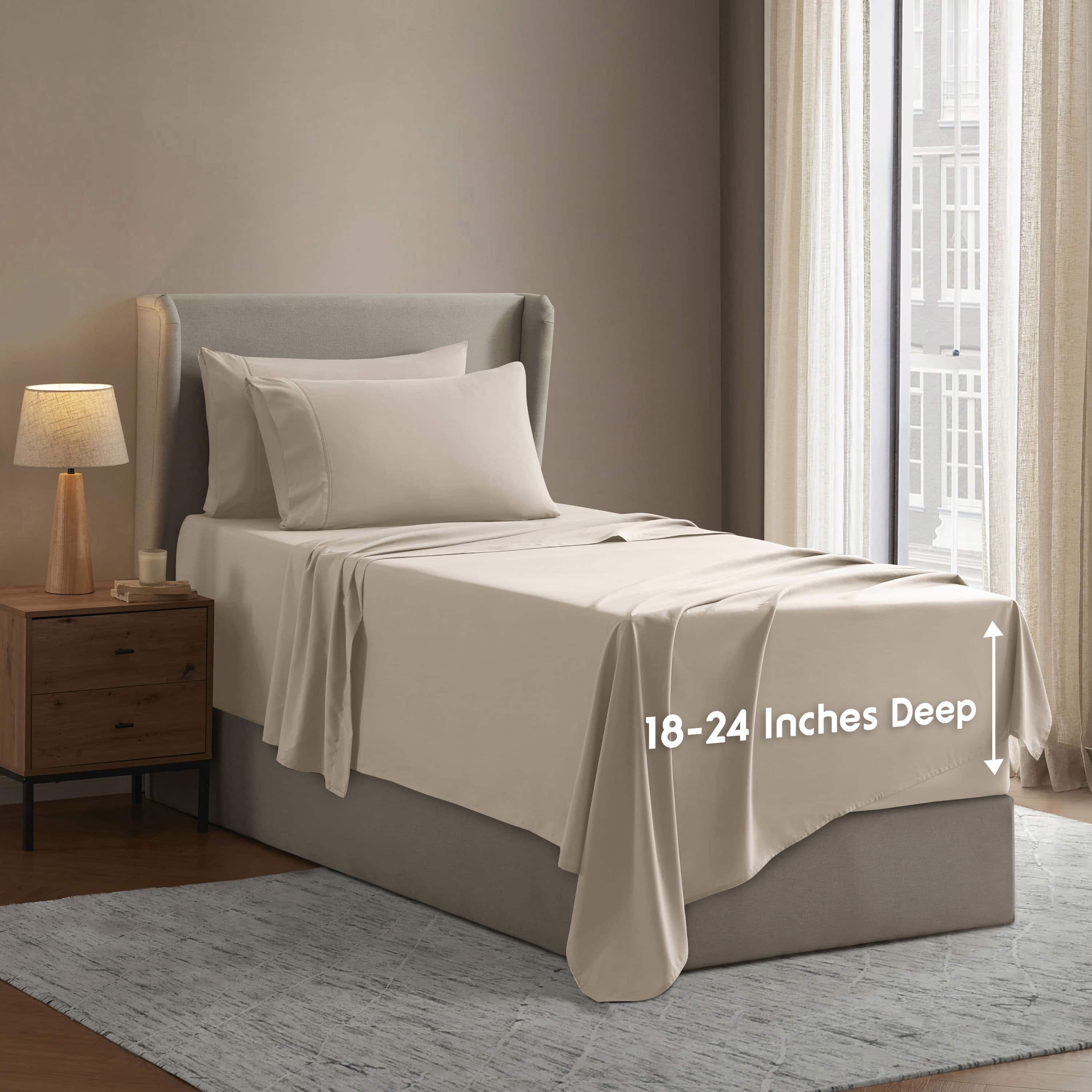 LammaLoe Extra Deep Pocket Twin Sheets set, Fits 18"-24" Mattress, 4 Piece Soft Microfiber Bed Sheet Sets, Beige Cream