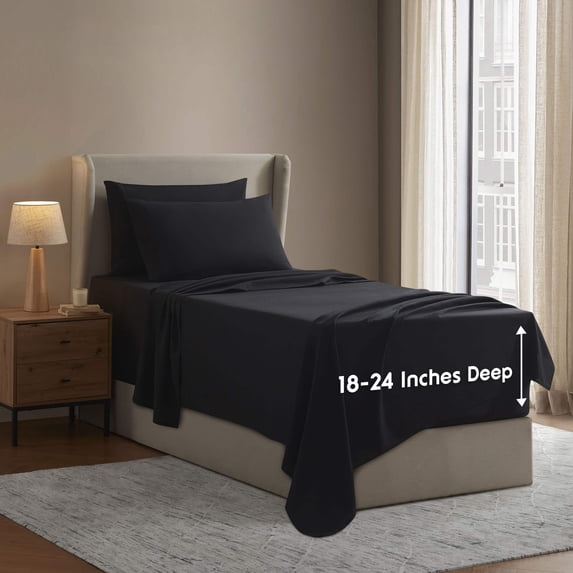 LammaLoe Extra Deep Pocket Twin Sheets set, Fits 18"-24" Mattress, 4 Piece Soft Microfiber Bed Sheet Sets, Black