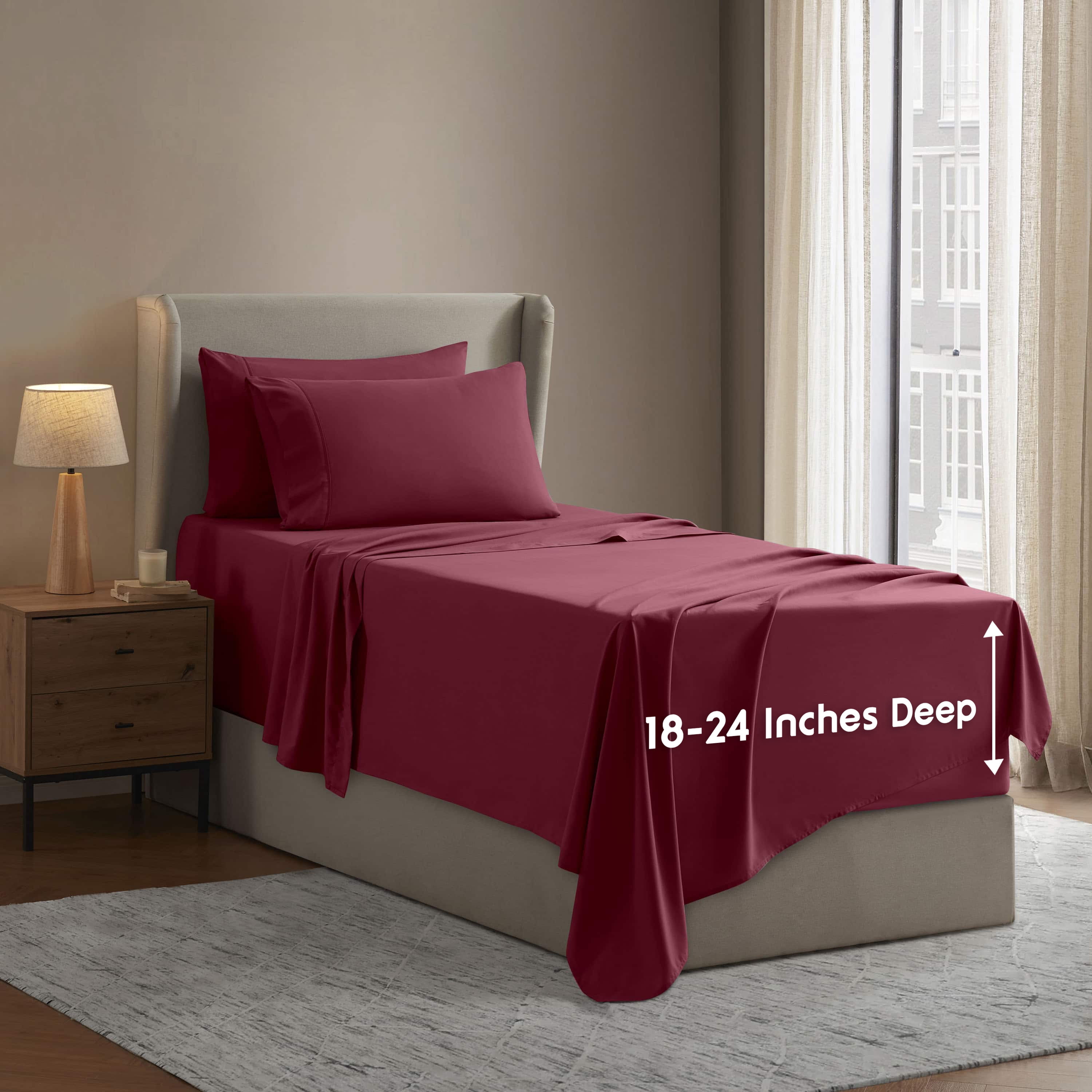 LammaLoe Extra Deep Pocket Twin Sheets set, Fits 18"-24" Mattress, 4 Piece Soft Microfiber Bed Sheet Sets, Burgundy