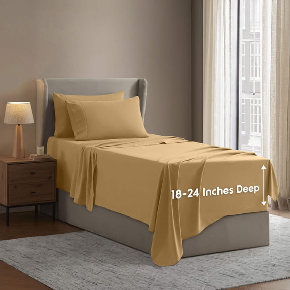 LammaLoe Extra Deep Pocket Twin Sheets set, Fits 18"-24" Mattress, 4 Piece Soft Microfiber Bed Sheet Sets, Camel Gold