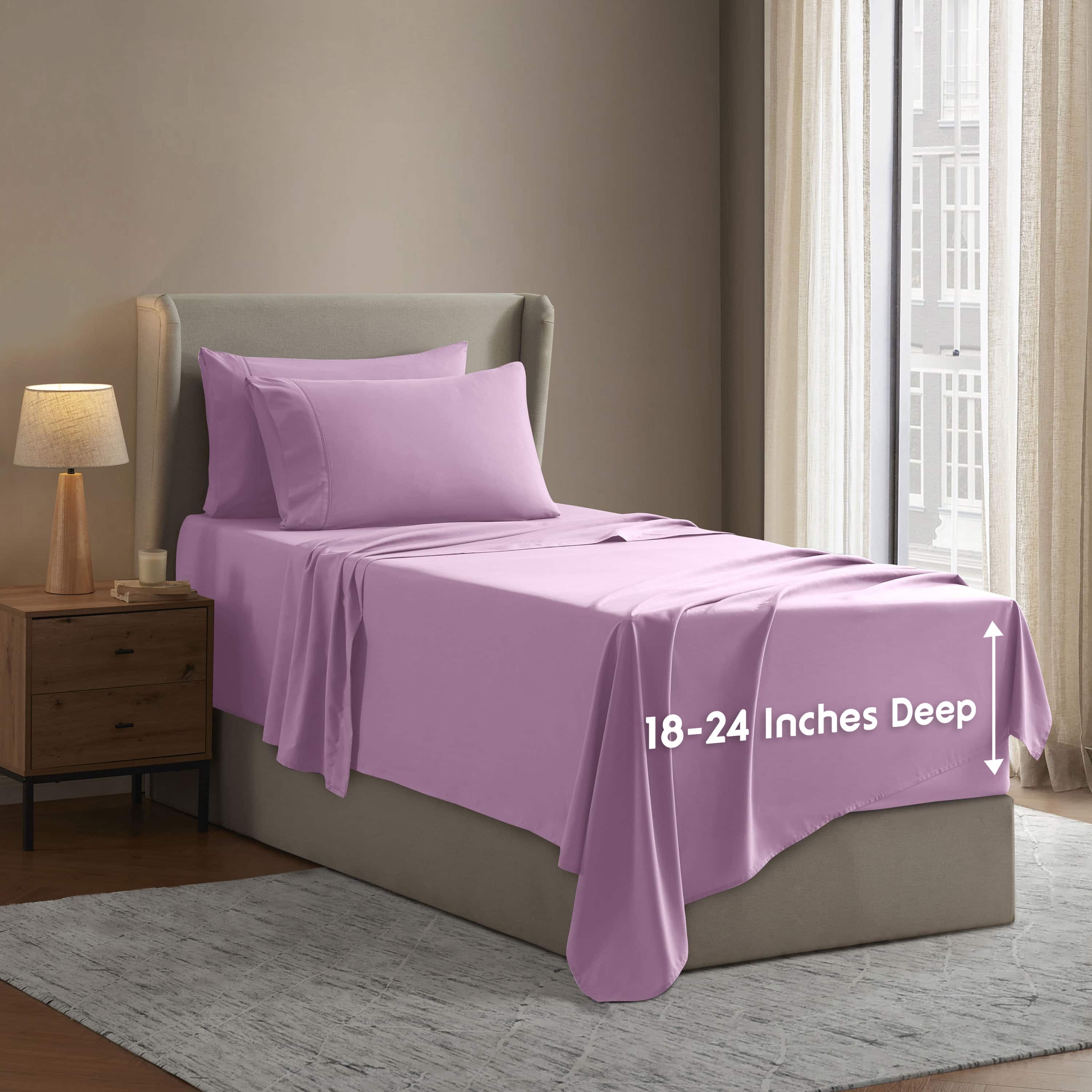LammaLoe Extra Deep Pocket Twin Sheets set, Fits 18"-24" Mattress, 4 Piece Soft Microfiber Bed Sheet Sets, Lilac