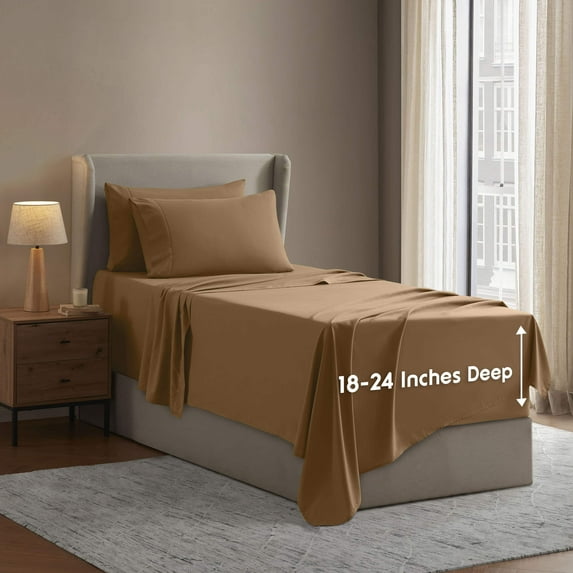 LammaLoe Extra Deep Pocket Twin Sheets set, Fits 18"-24" Mattress, 4 Piece Soft Microfiber Bed Sheet Sets, Mocha Light Brown