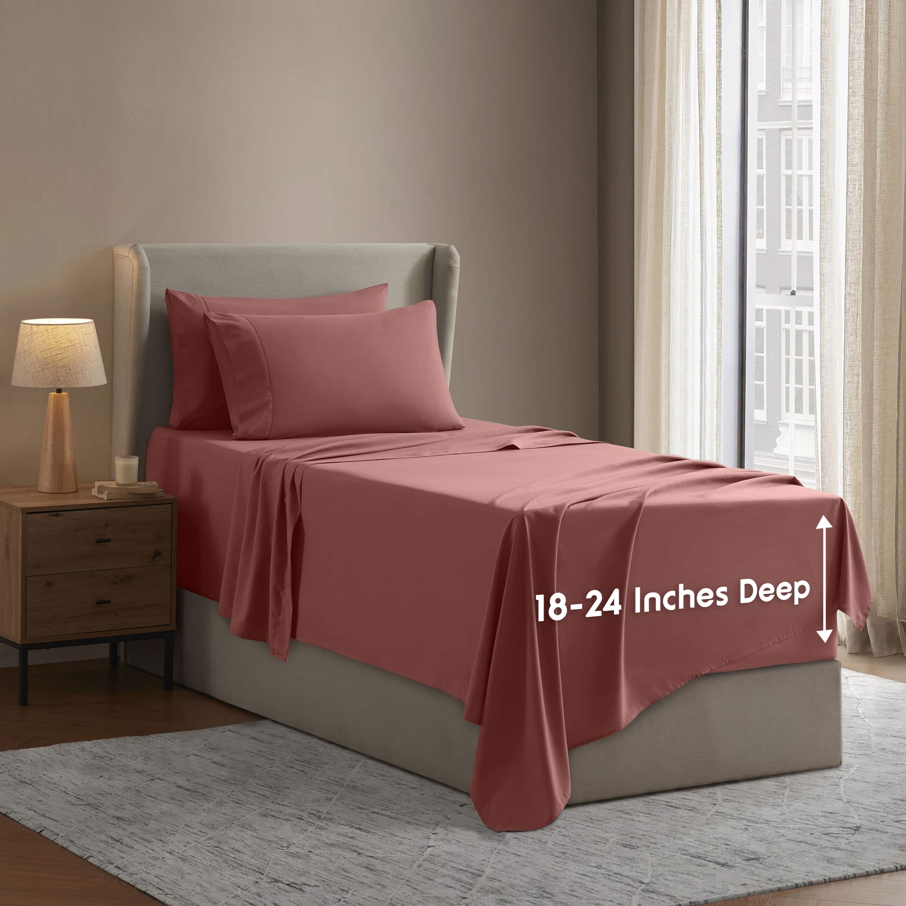 LammaLoe Extra Deep Pocket Twin Sheets set, Fits 18"-24" Mattress, 4 Piece Soft Microfiber Bed Sheet Sets, Pink Clay