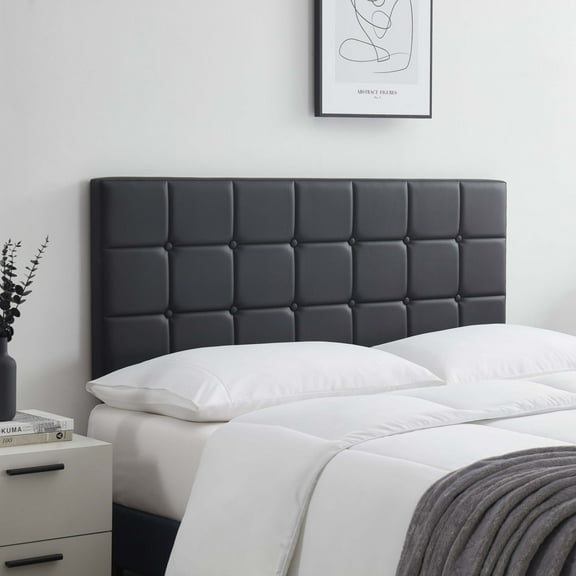 LammaLoe Faux Leather Button Square Tufted Queen Headboard with Adjustable Height, Black, Queen