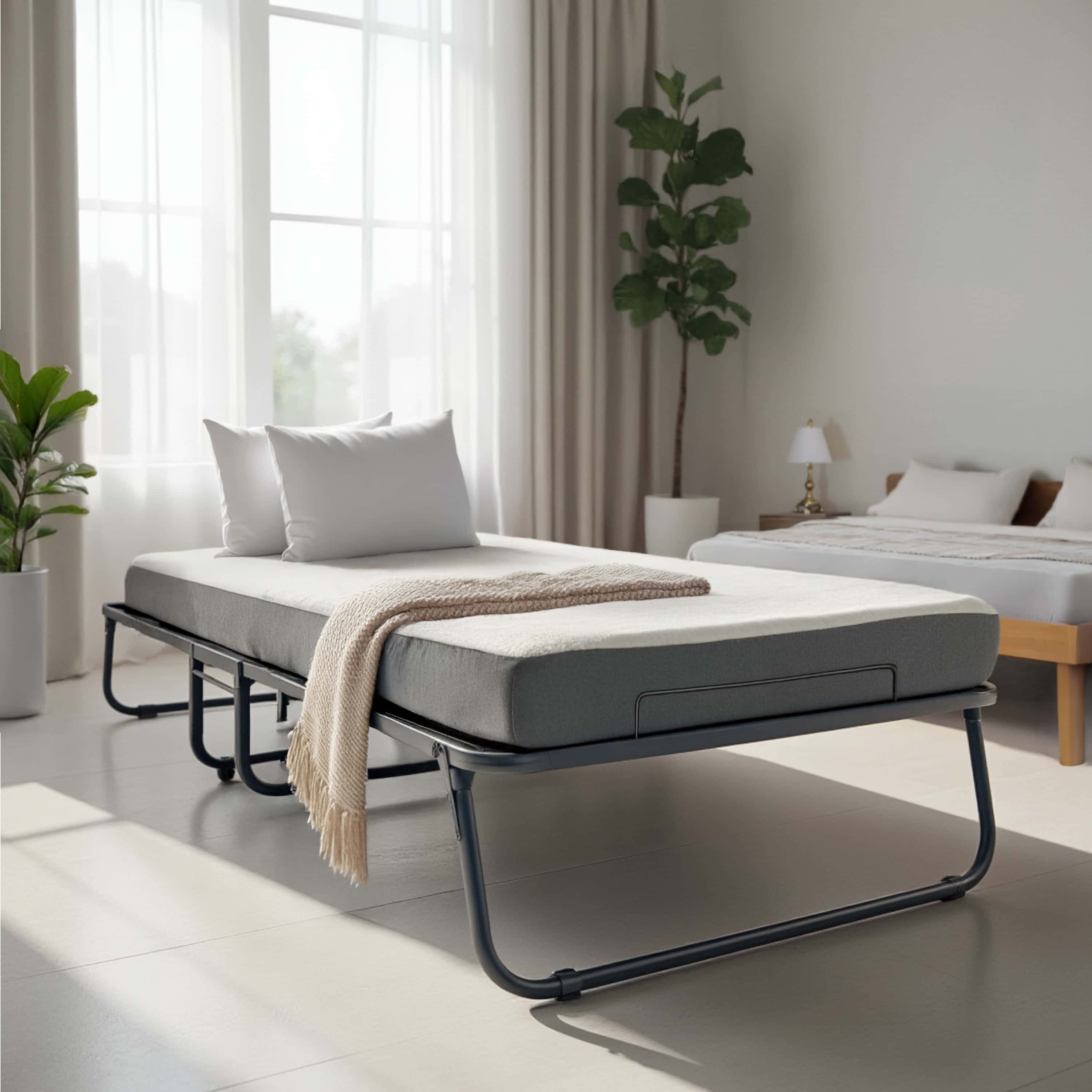 LammaLoe Folding Bed with Mattress, 5" Memory Foam Roll away Bed with Sturdy Steel Frame, Locking Wheels & Storage Cover, Twin Foldable Bed 75" x 38"