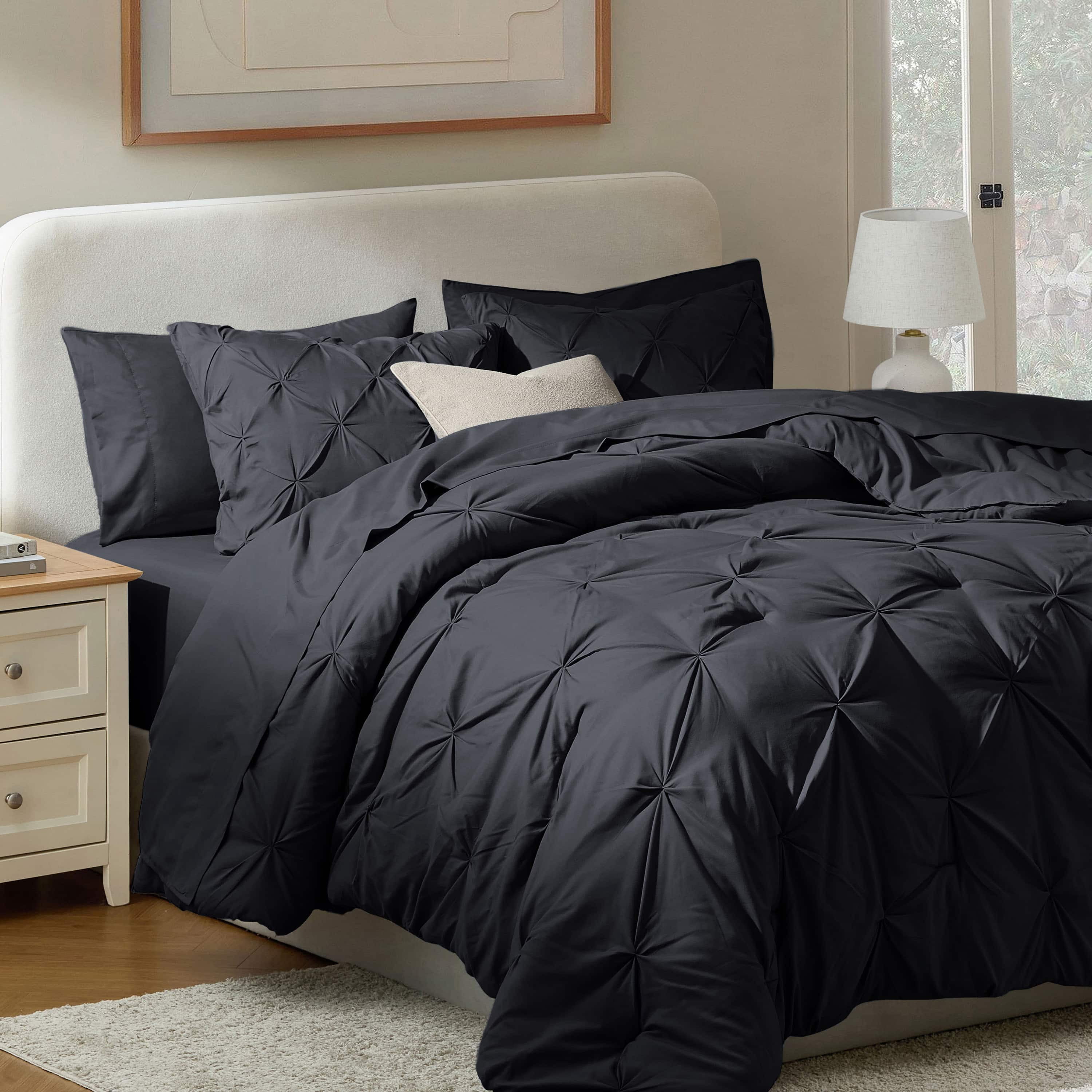 LammaLoe Full Size Comforter Sets, 7 Piece Bed In A Bag Pintuck Bedding Sets, BLK