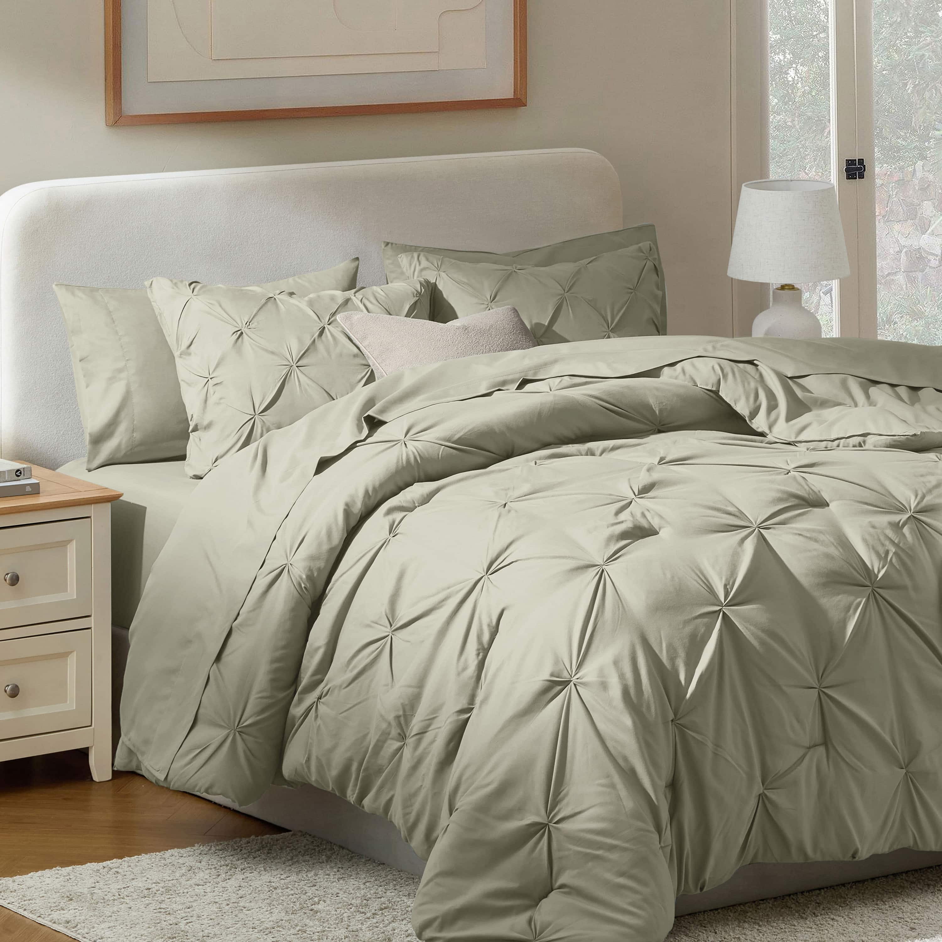 LammaLoe Full Size Comforter Sets, 7 Piece Bed In A Bag Pintuck Bedding Sets, Light Sage