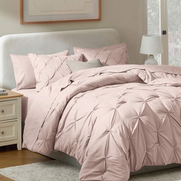 LammaLoe Full Size Comforter Sets, 7 Piece Bed In A Bag Pintuck Bedding Sets, Peach Beige