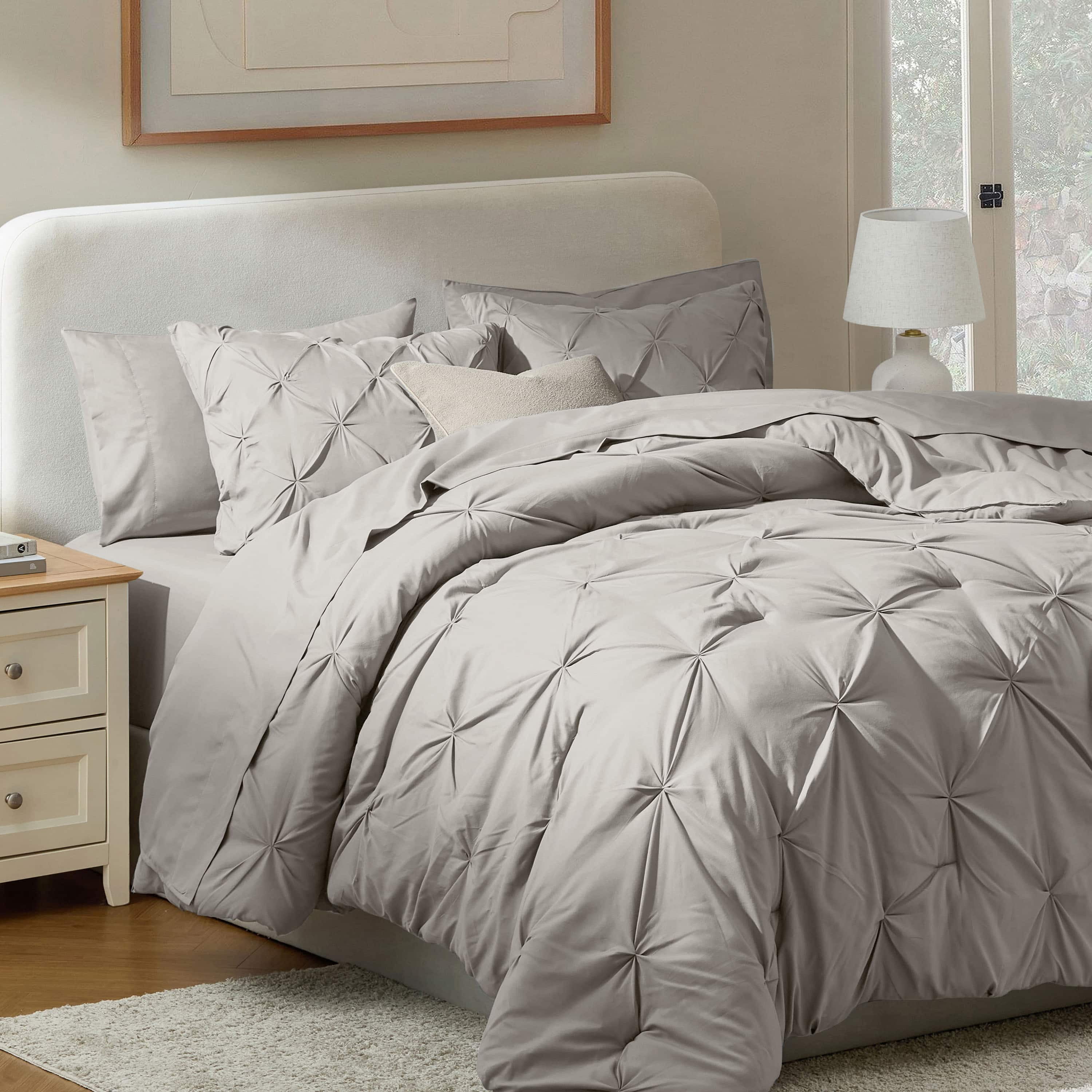 LammaLoe Full Size Comforter Sets, 7 Piece Bed In A Bag Pintuck Bedding Sets, linen