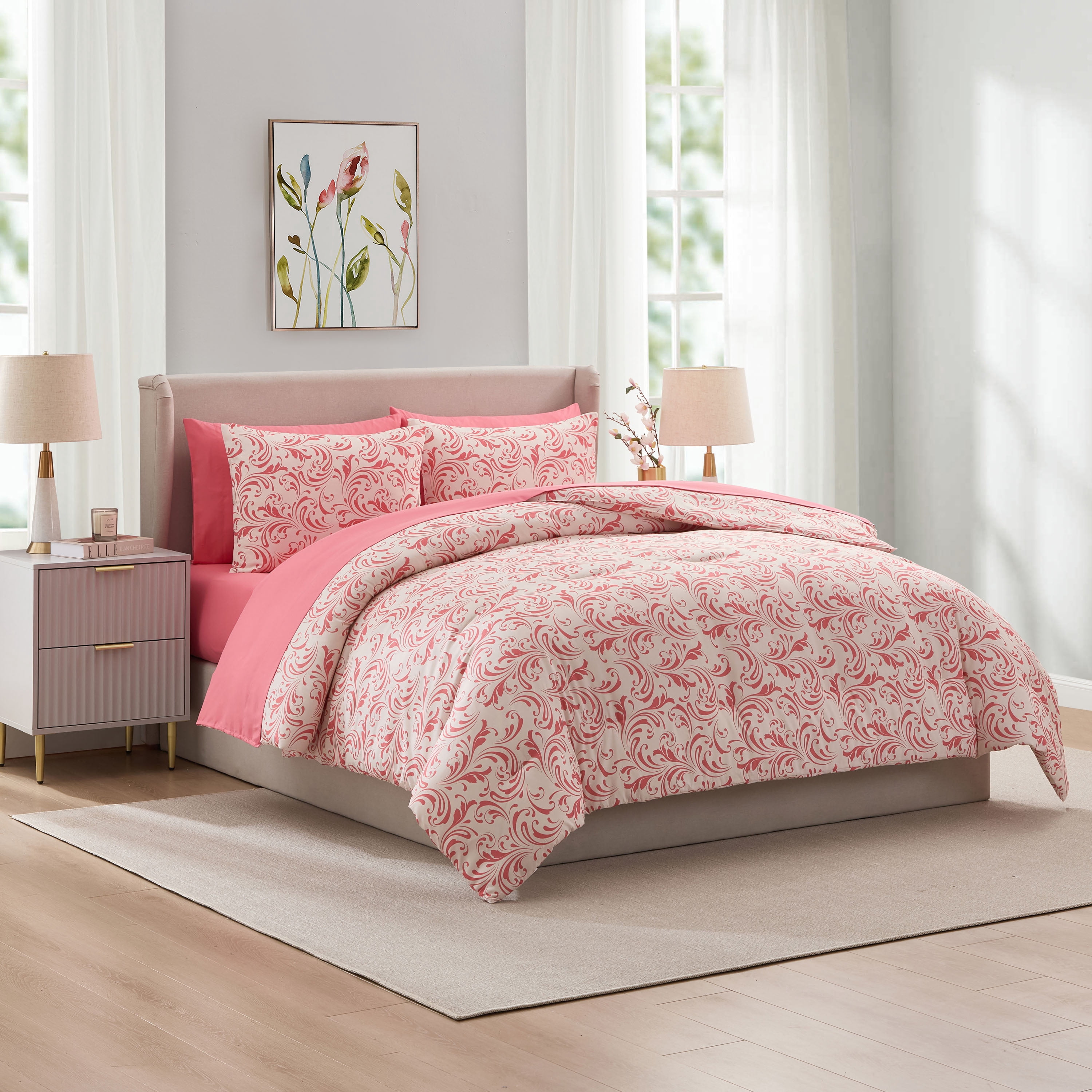LammaLoe Full Size Comforter Set, 7 Piece Biomorphic Bed in a Bag Full, Bedding Comforter Set with Sheets, Modern Bed Set, Pink