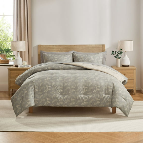 LammaLoe Full Size Comforter Sets, 7 Piece Botanical Bed in a Bag, Reversible Bedding Comforter Set with Sheets, Modern Bed Set, Lunar Grey/Pale Champagne