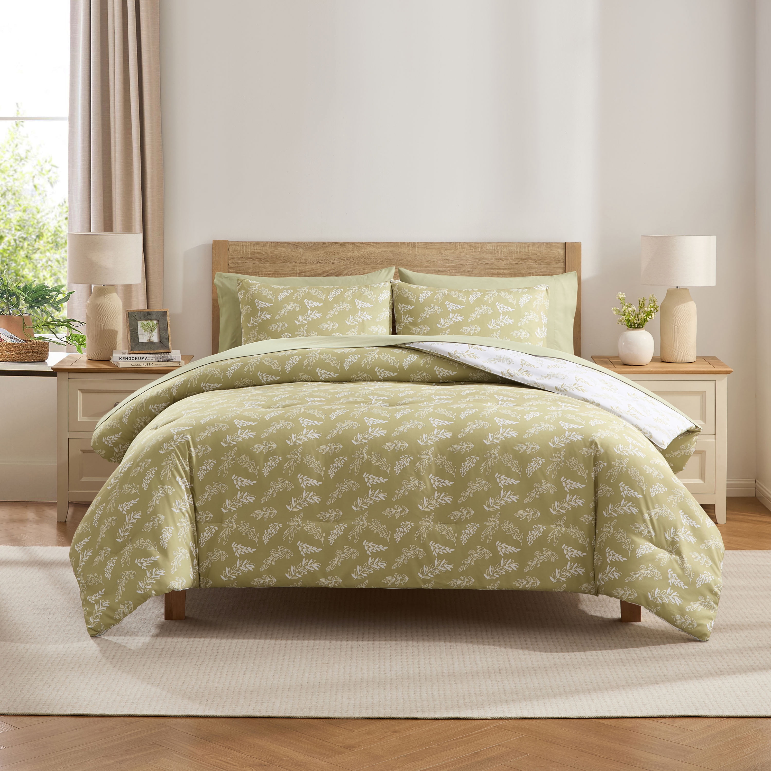 LammaLoe Full Size Comforter Sets, 7 Piece Botanical Bed in a Bag, Reversible Bedding Comforter Set with Sheets, Modern Bed Set, Olive Grove/White