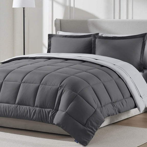 LammaLoe Full-Size Comforter Set, With Sheets, Reversible Bed In A Bag 7 Piece, Bedding Set, Dark Grey