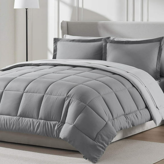 LammaLoe Full-Size Comforter Set, With Sheets, Reversible Bed In A Bag 7 Piece, Bedding Set, Grey