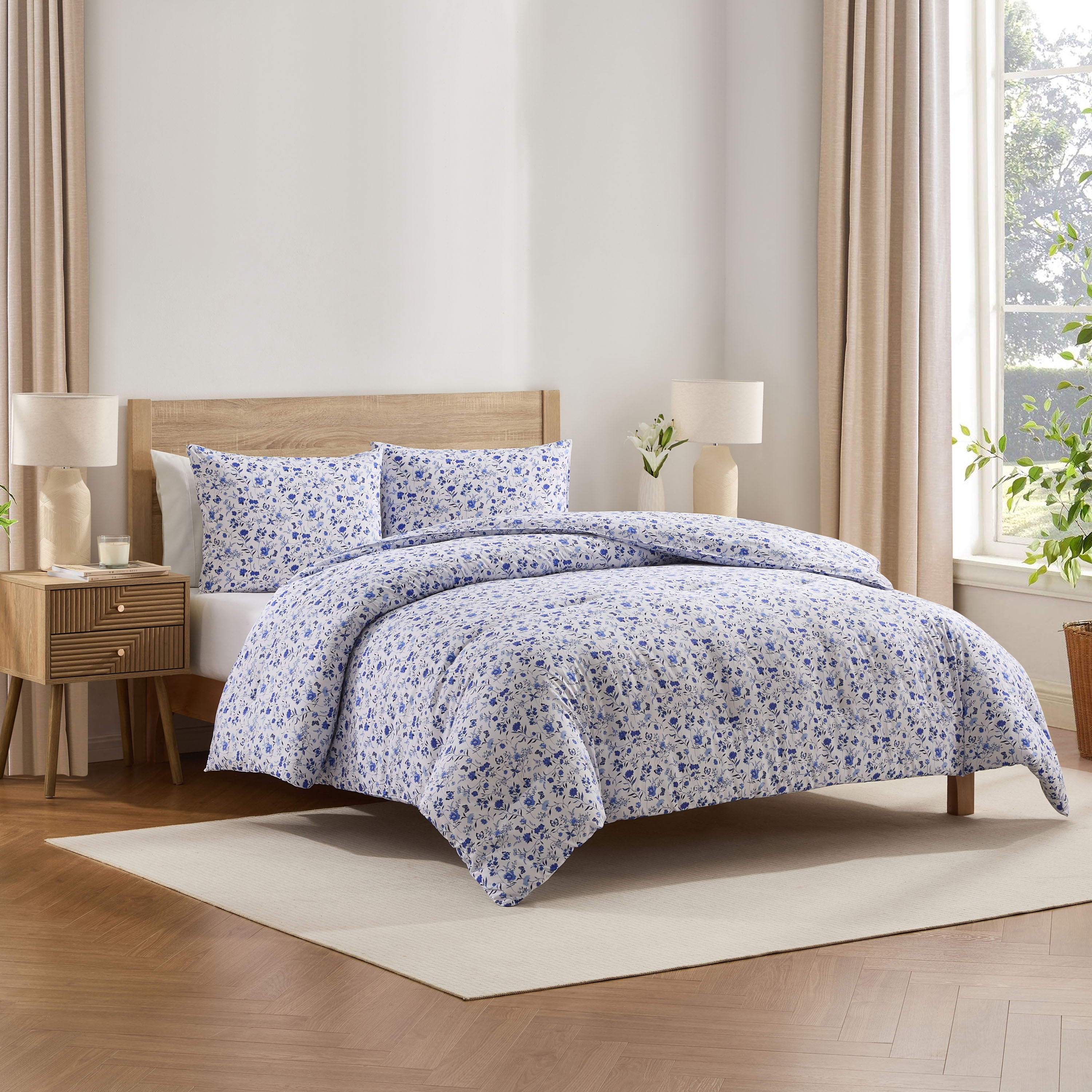 LammaLoe Full Size Comforter Sets, 3 Piece Floral Bedding Comforter Set with Sheets, Bed in a Bag, Blue