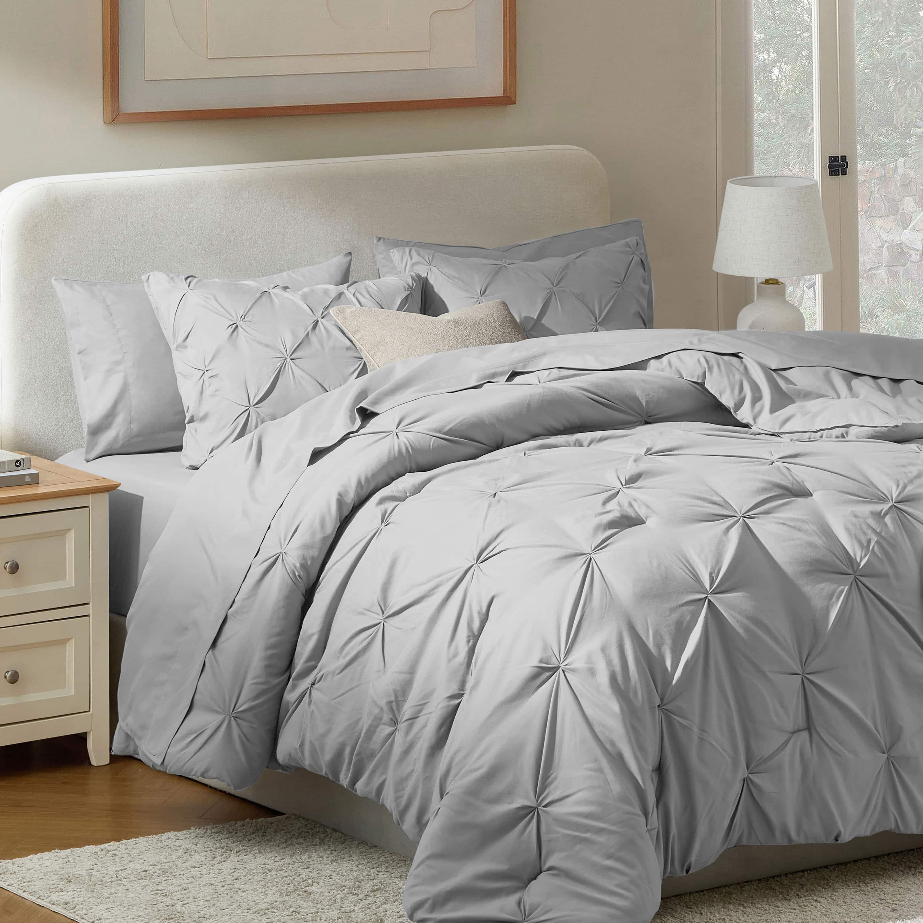 LammaLoe Full Size Comforter Sets, 7 Piece Bed In A Bag Pintuck Bedding Sets, light grey