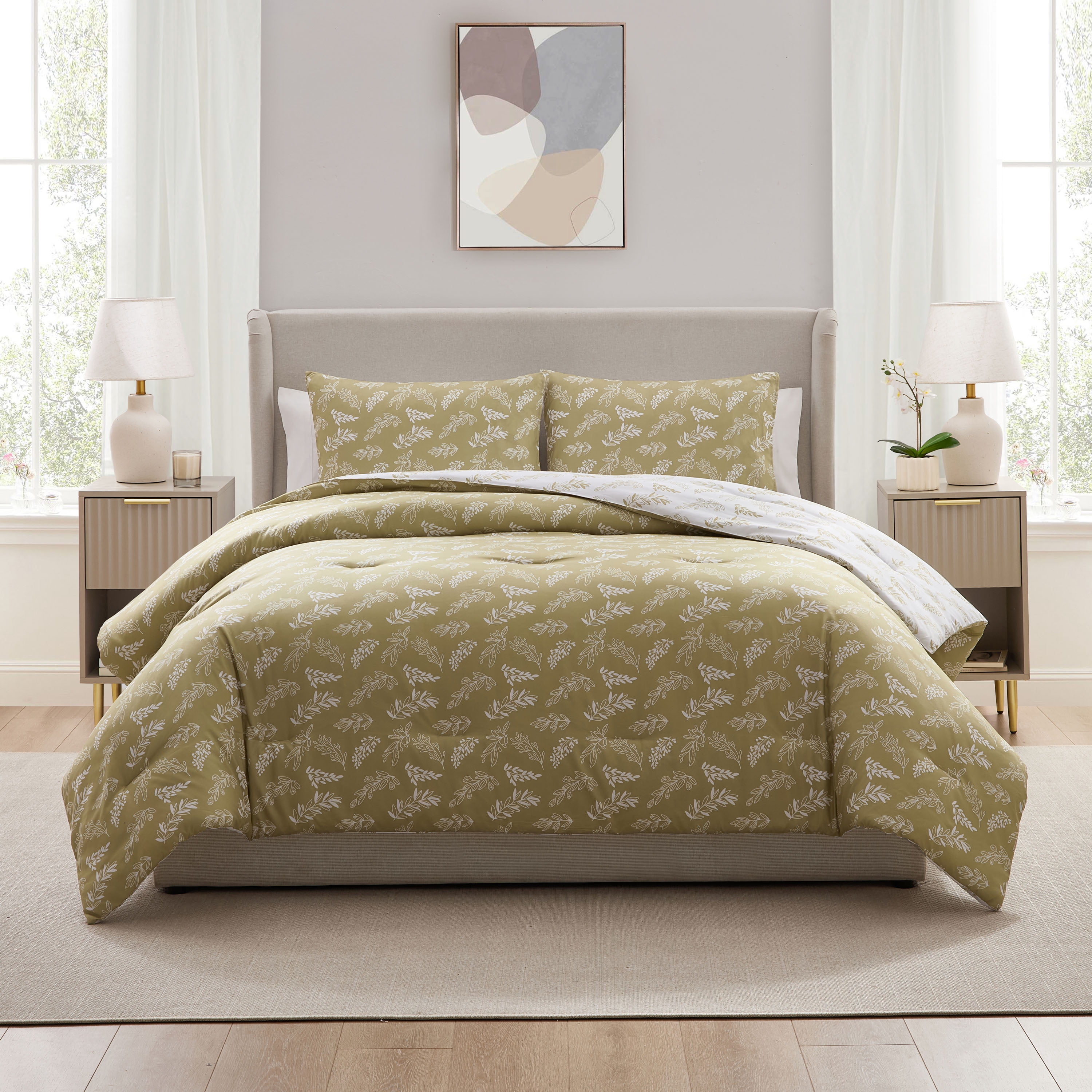 LammaLoe Full Size Comforter Sets, 3 Piece Botanical Bed in a Bag, Reversible Bedding Comforter Set with Sheets, Modern Bed Set, Olive Grove/White