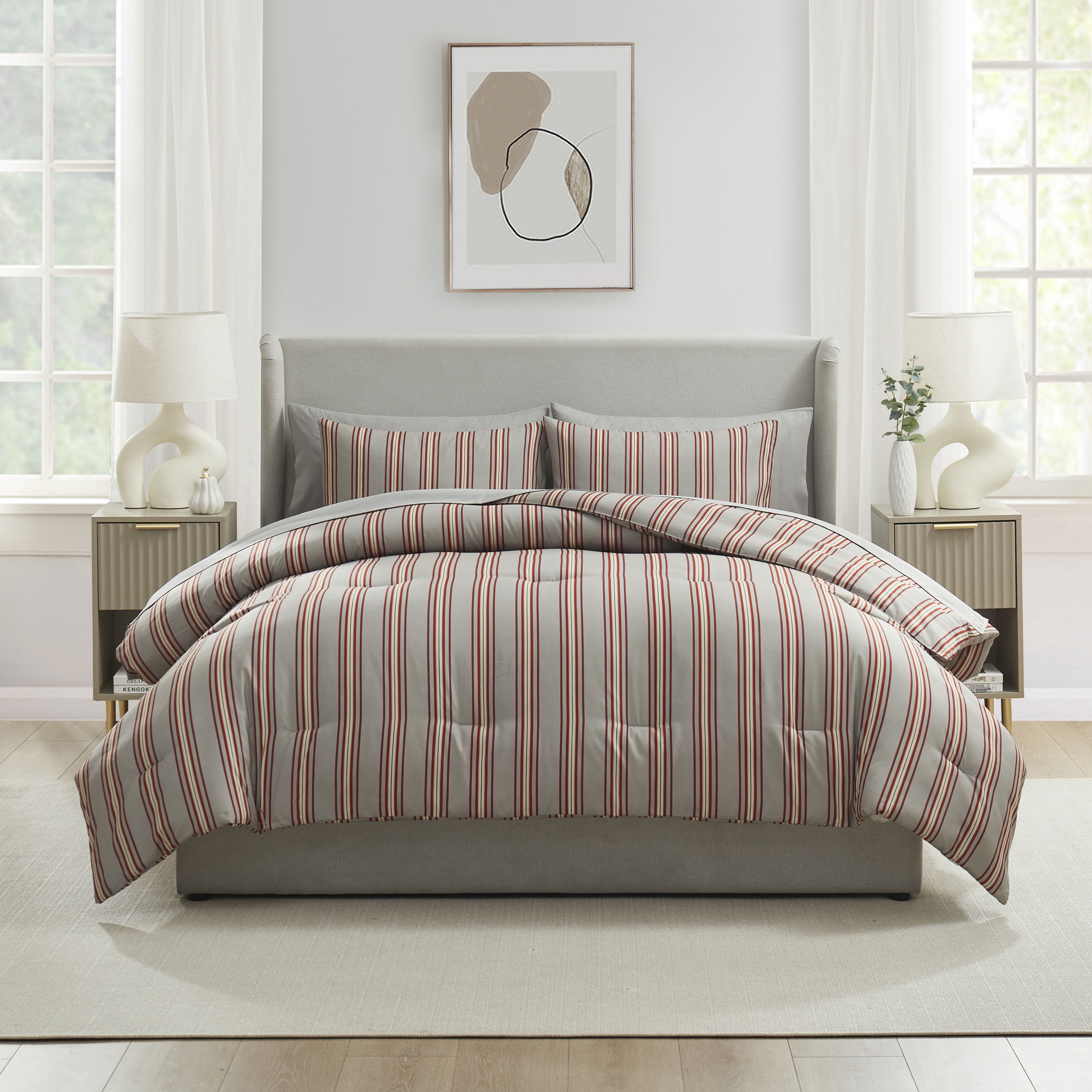LammaLoe Full Size Comforter Sets, 7 Piece Striped Bed in a Bag, Bedding Comforter Set with Sheets, Modern Bed Set, Gray