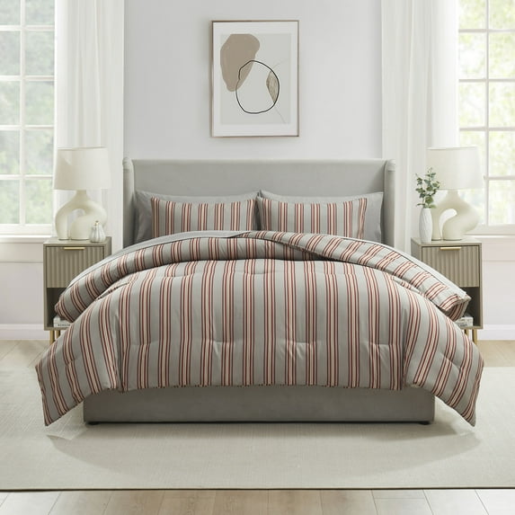 LammaLoe Full Size Comforter Sets, 7 Piece Striped Bed in a Bag, Bedding Comforter Set with Sheets, Modern Bed Set, Gray