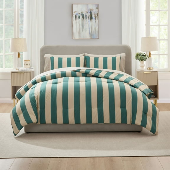 LammaLoe Full Size Comforter Sets, 7 Piece Striped Bed in a Bag, Bedding Comforter Set with Sheets, Modern Bed Set, Green