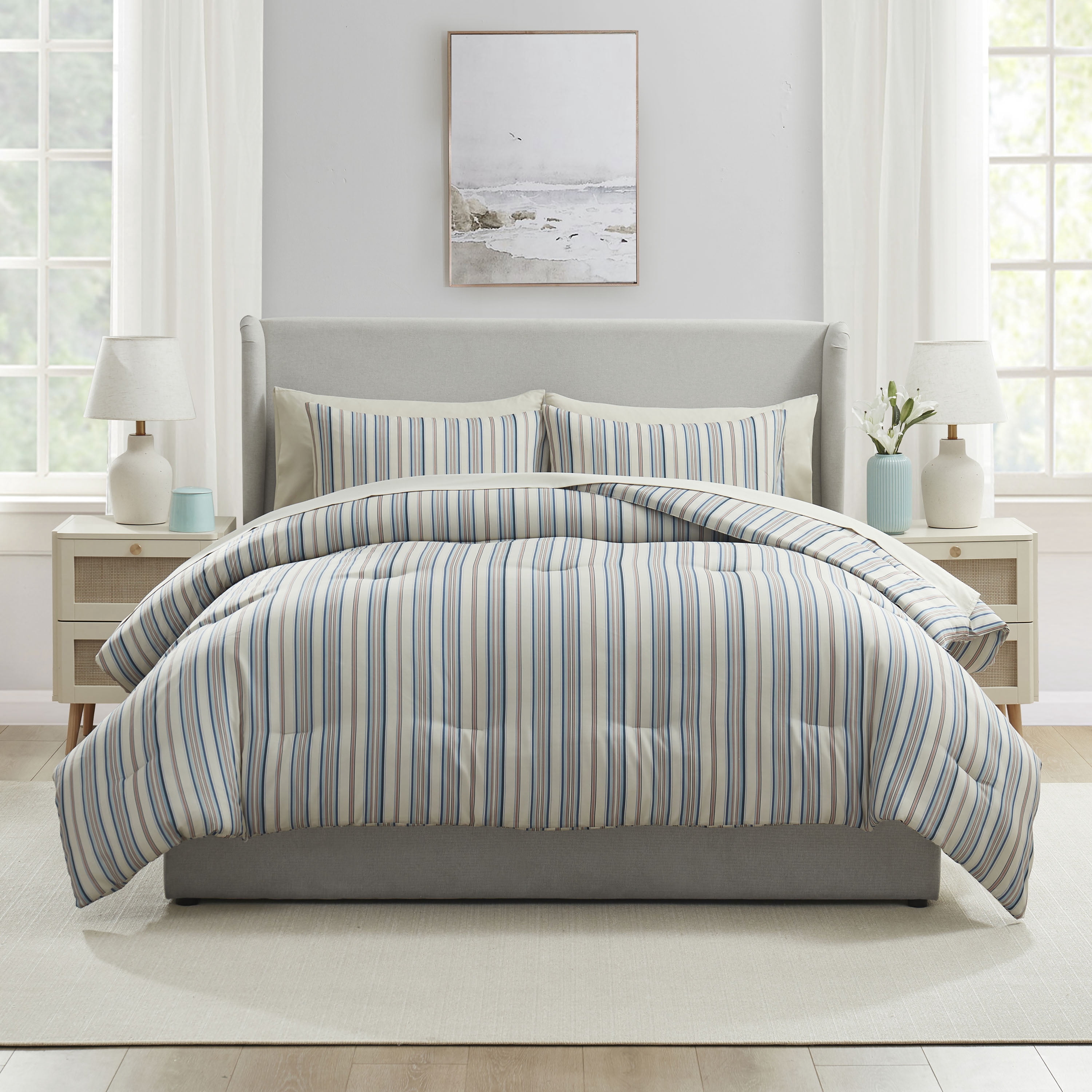 LammaLoe Full Size Comforter Sets, 7 Piece Striped Bed in a Bag, Bedding Comforter Set with Sheets, Modern Bed Set, Off White