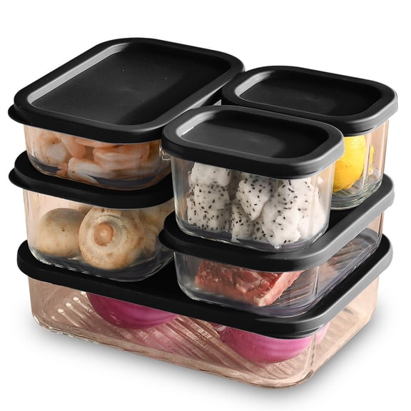 LammaLoe Glass Food Storage Containers with Lids, 12 Piece Airtight Glass Meal Prep Containers, Oven, Microwave & Freezer Safe, Stackable Glass Storage Containers, Black