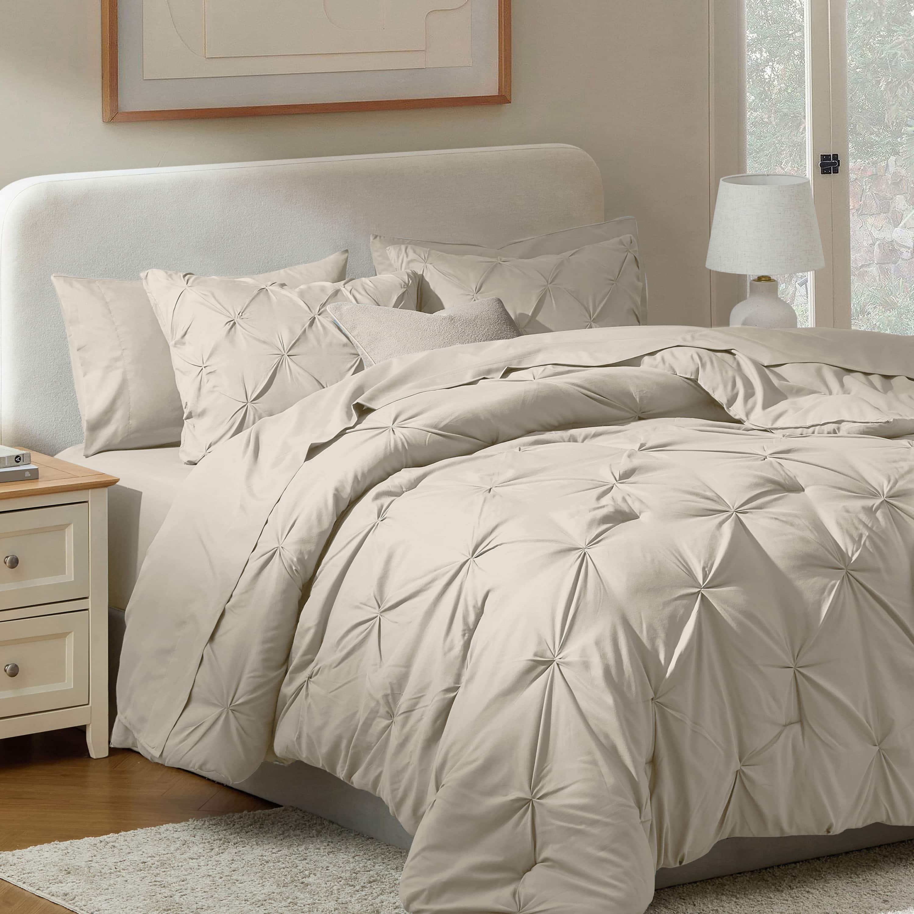 LammaLoe King Size comforter Sets, 7 Piece Bed In A Bag Pintuck Bedding Sets, Beige