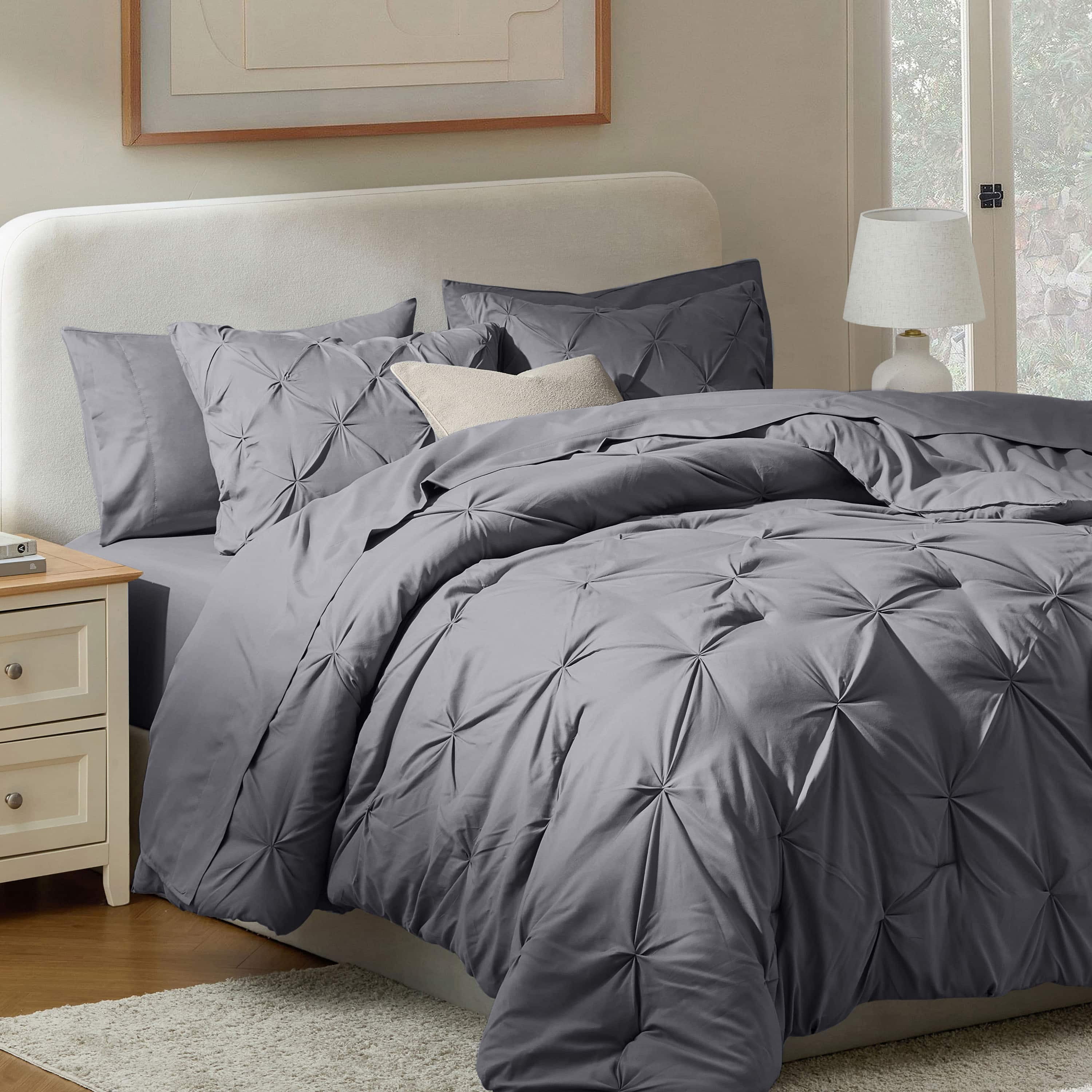 LammaLoe King Size comforter Sets, 7 Piece Bed In A Bag Pintuck Bedding Sets, Dark Grey