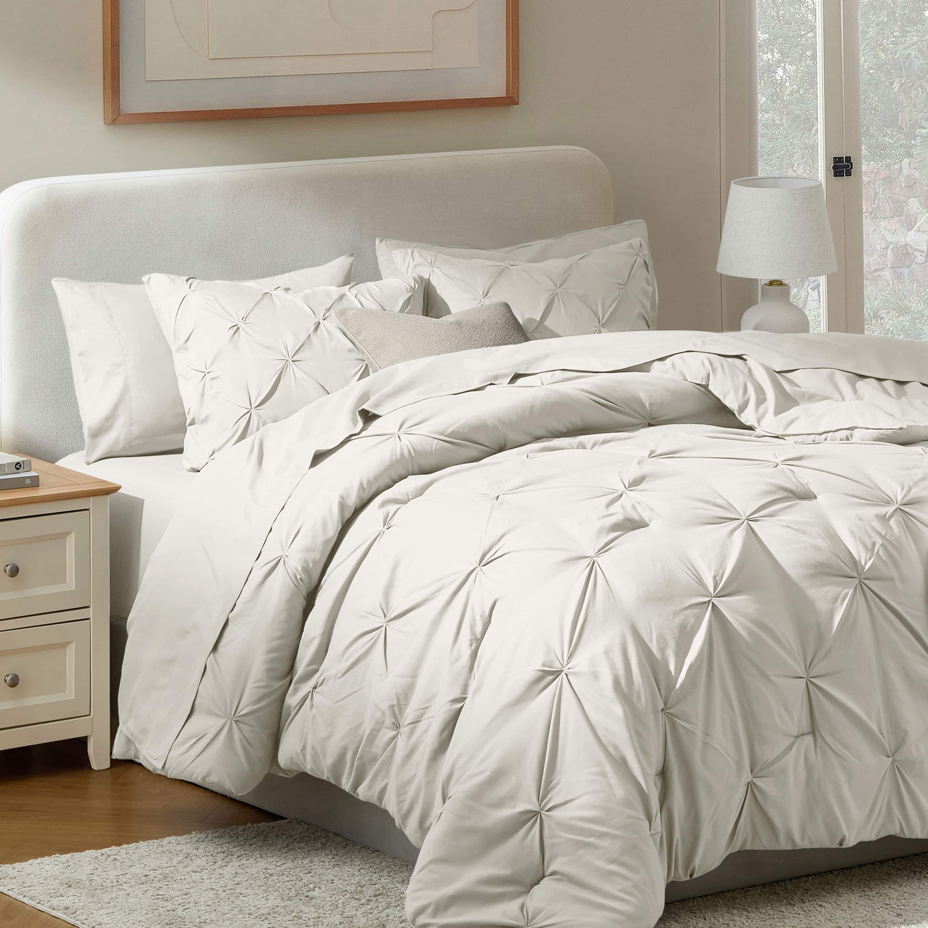 LammaLoe King Size comforter Sets, 7 Piece Bed In A Bag Pintuck Bedding Sets,Off White