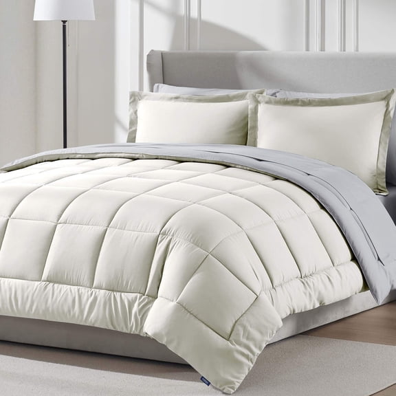 LammaLoe King Comforter Set, With King Sheets, Reversible Bed In A Bag 7 Piece, Bedding Set, Off White