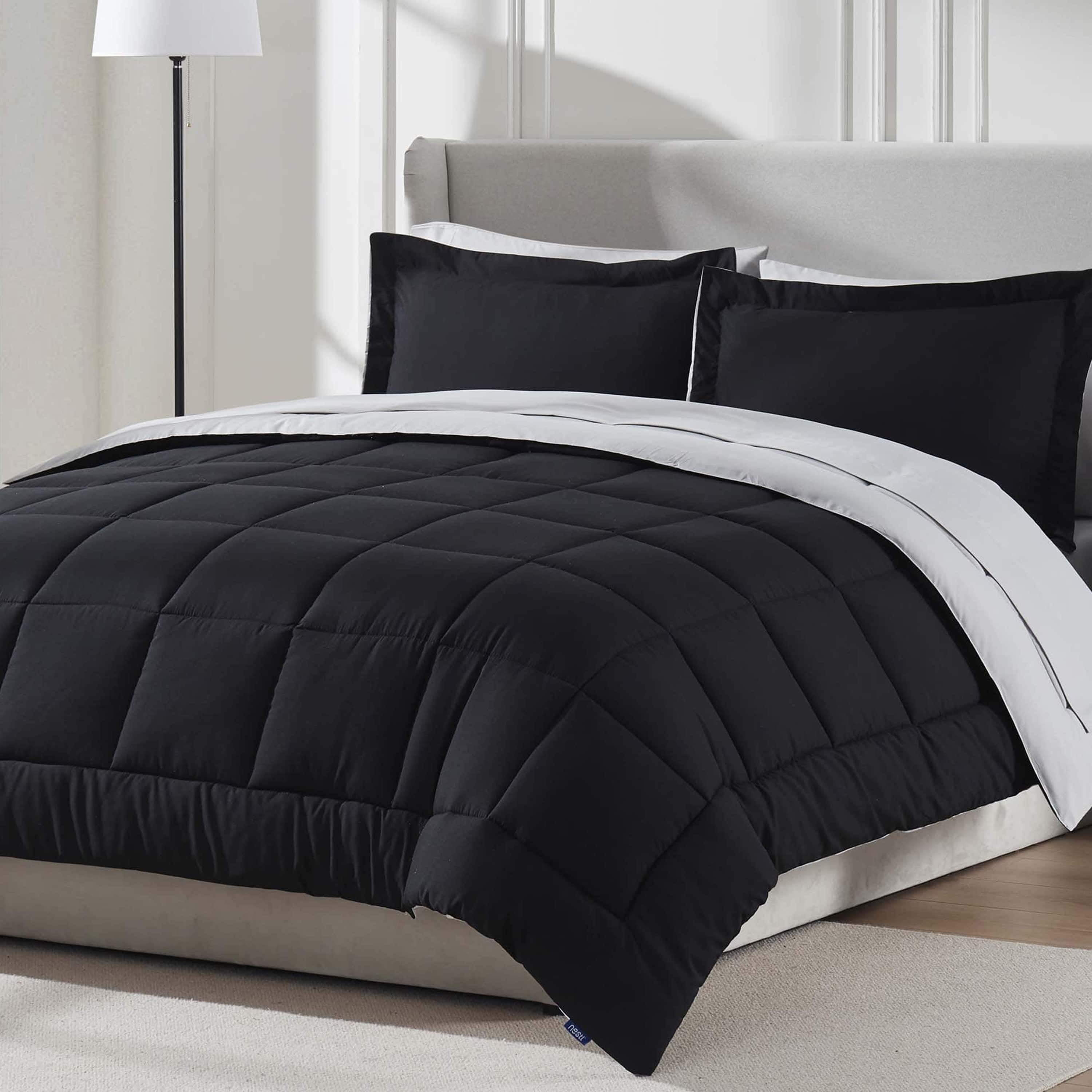 LammaLoe California King Comforter Set, With Sheets, Reversible Bed In A Bag 7 Piece, Bedding Set, Black