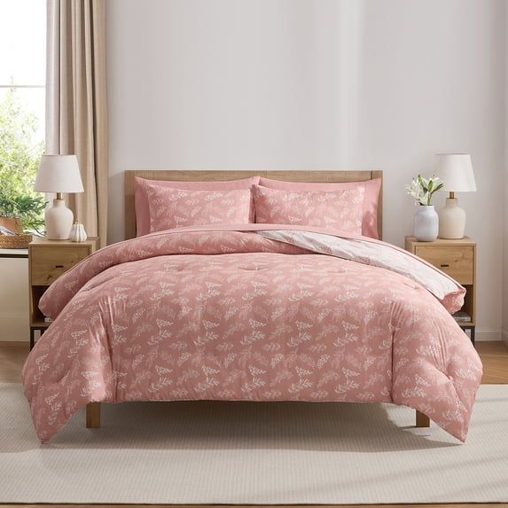 LammaLoe King Size Comforter Set, 7 Piece Botanical Bed in a Bag , Reversible Bedding Comforter Set with Sheets, Modern Bed Set, Bali Blush/Porcelain Glow